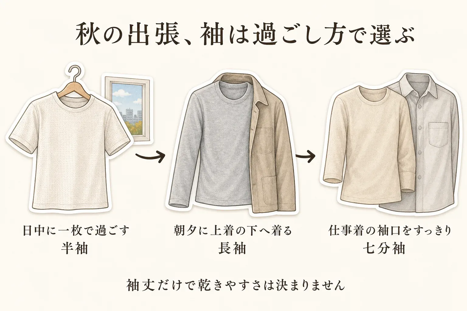 秋の出張での吸汗速乾Tシャツの袖丈の選び方を示す図。日中に一枚で過ごす場合は半袖、朝夕に上着の下へ着る場合は長袖、仕事着の袖口をすっきりさせたい場合は七分袖を候補とし、袖丈だけで乾きやすさは決まらないことを示している。