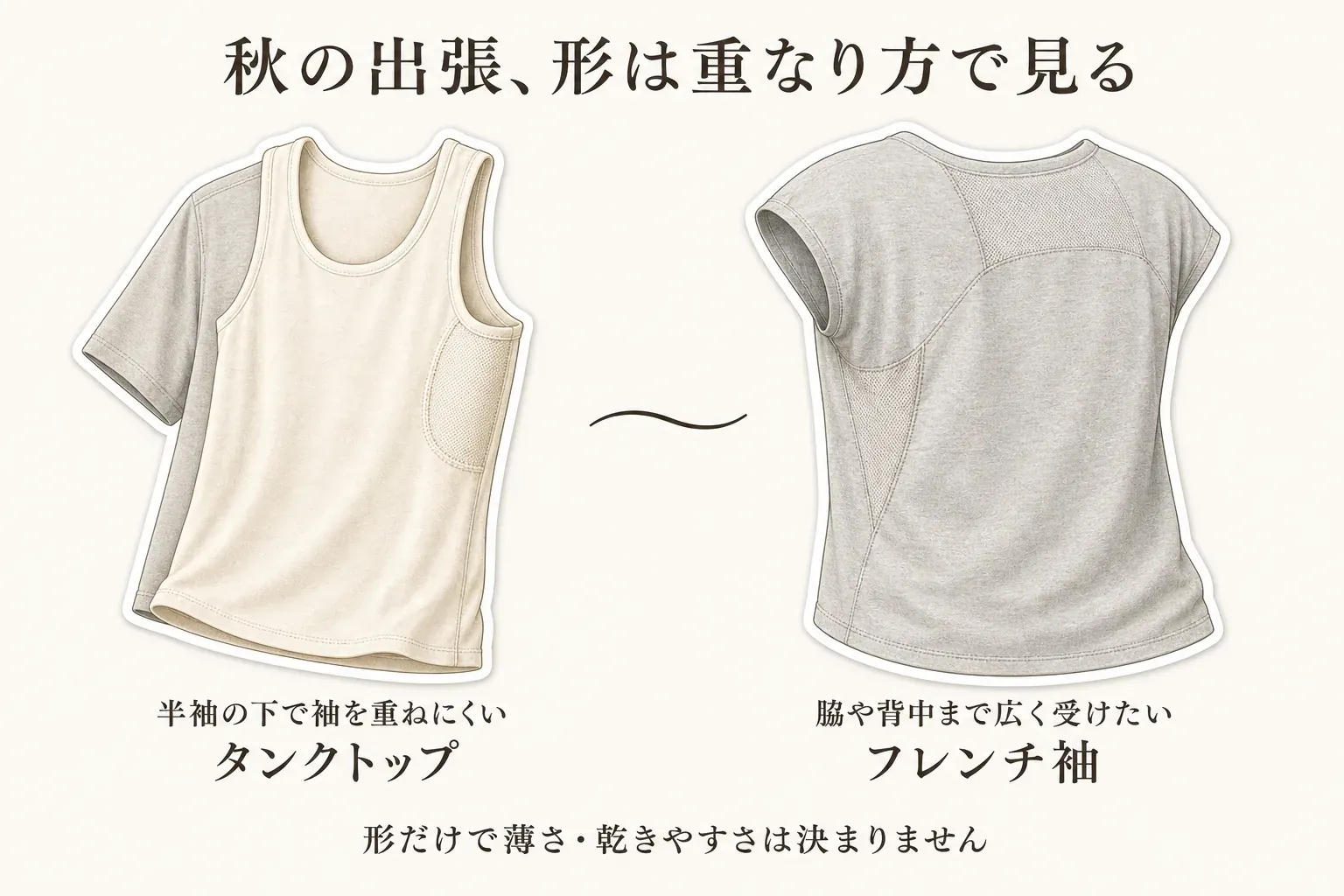 秋の出張用インナーの形の選び分けを示す図。半袖の下で袖を重ねにくいタンクトップと、脇や背中まで広く受けたいフレンチ袖を並べ、形だけでは薄さや乾きやすさは決まらないと案内している。
