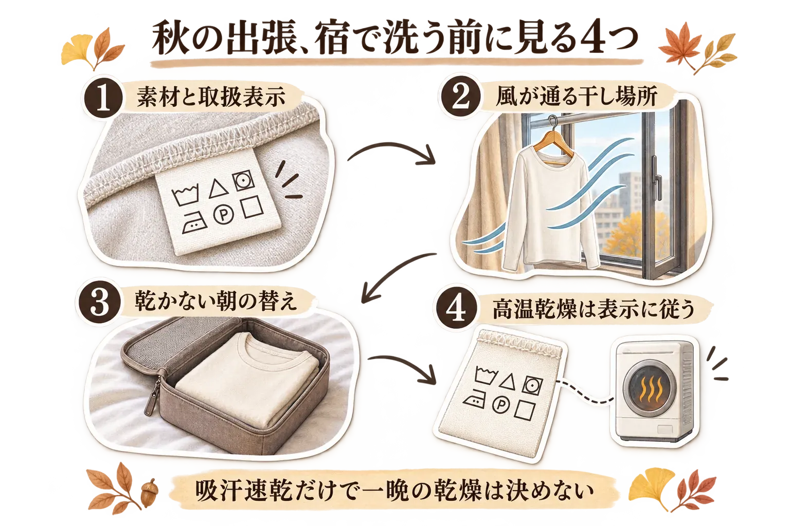 秋の出張で宿で洗う前に見る4項目を示す図。1は素材と取扱表示、2は風が通る干し場所、3は乾かない朝の替え、4は高温乾燥を表示に従うことを示し、吸汗速乾表示だけで一晩の乾燥は決めないと案内している。