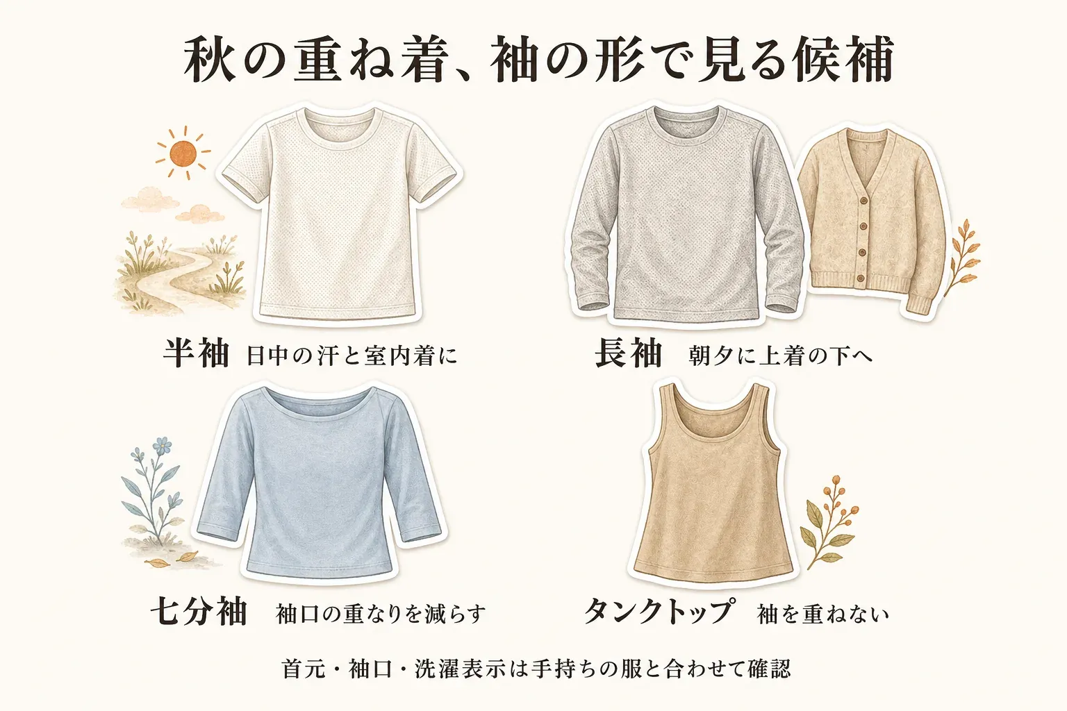 秋の重ね着でのインナーの袖形を比較する図。半袖は日中の汗と室内着に、長袖は朝夕に上着の下へ、七分袖は袖口の重なりを減らすときに、タンクトップは袖を重ねないときに向く候補として示し、首元・袖口・洗濯表示は手持ちの服と合わせて確認するよう案内している。
