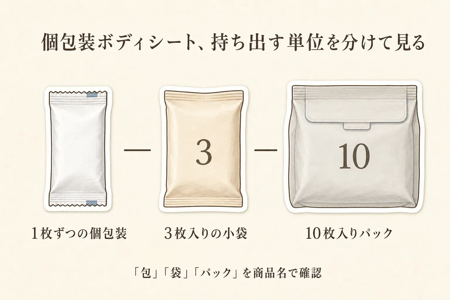 個包装ボディシートの持ち出す単位を比較する図。1枚ずつの個包装、3枚入りの小袋、10枚入りパックを並べ、商品名で「包」「袋」「パック」を確認するよう示している。