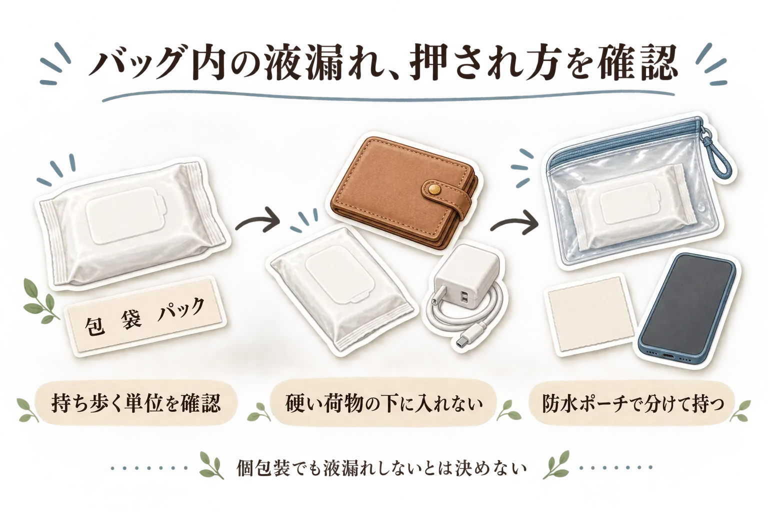 バッグ内でのボディシートの液漏れ対策を示す図。持ち歩く単位を確認し、財布や充電器など硬い荷物の下に入れず、防水ポーチでスマートフォンや紙類と分けて持つ流れを描いている。個包装でも液漏れしないとは決めないよう注意している。