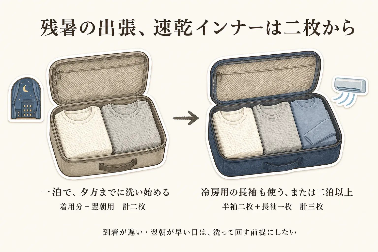 残暑の出張用速乾インナーの枚数を示す図。一泊で夕方までに洗い始める場合は着用分と翌朝用で計二枚、冷房用の長袖も使う場合または二泊以上は半袖二枚と長袖一枚で計三枚とし、到着が遅い・翌朝が早い日は洗って回す前提にしないことを示している。