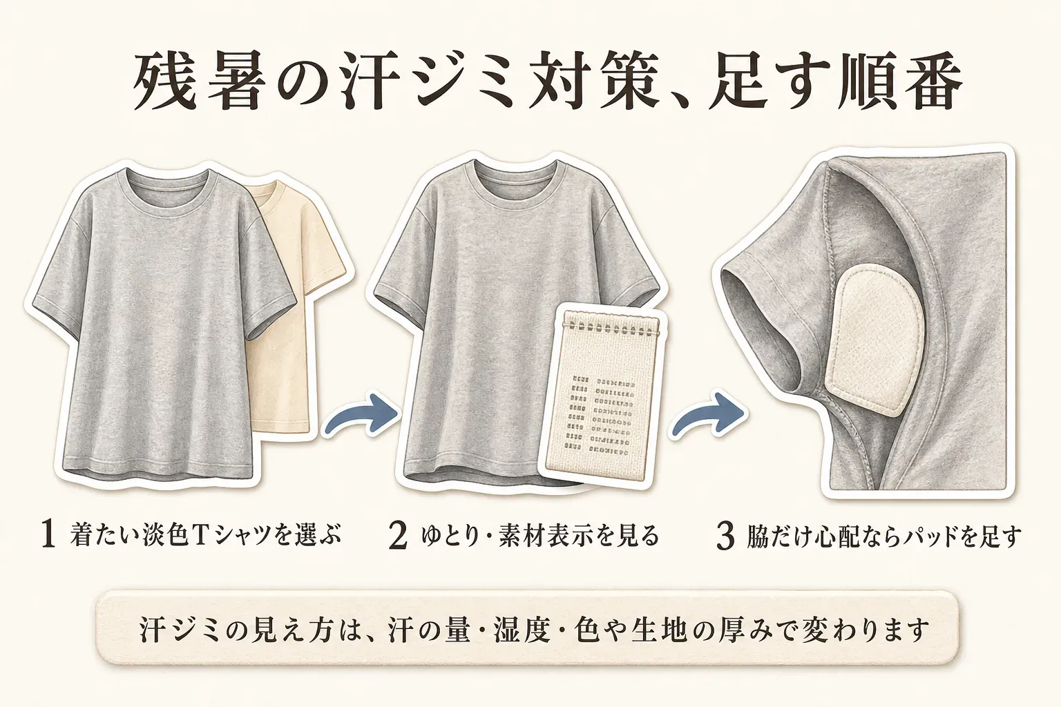 残暑の汗ジミ対策を足す順番の図。グレーや淡色のTシャツを選び、ゆとりと素材表示を確認し、脇だけが心配な日は衣類の脇にパッドを足す流れと、汗ジミの見え方は汗の量・湿度・色・生地の厚みで変わることを示している。