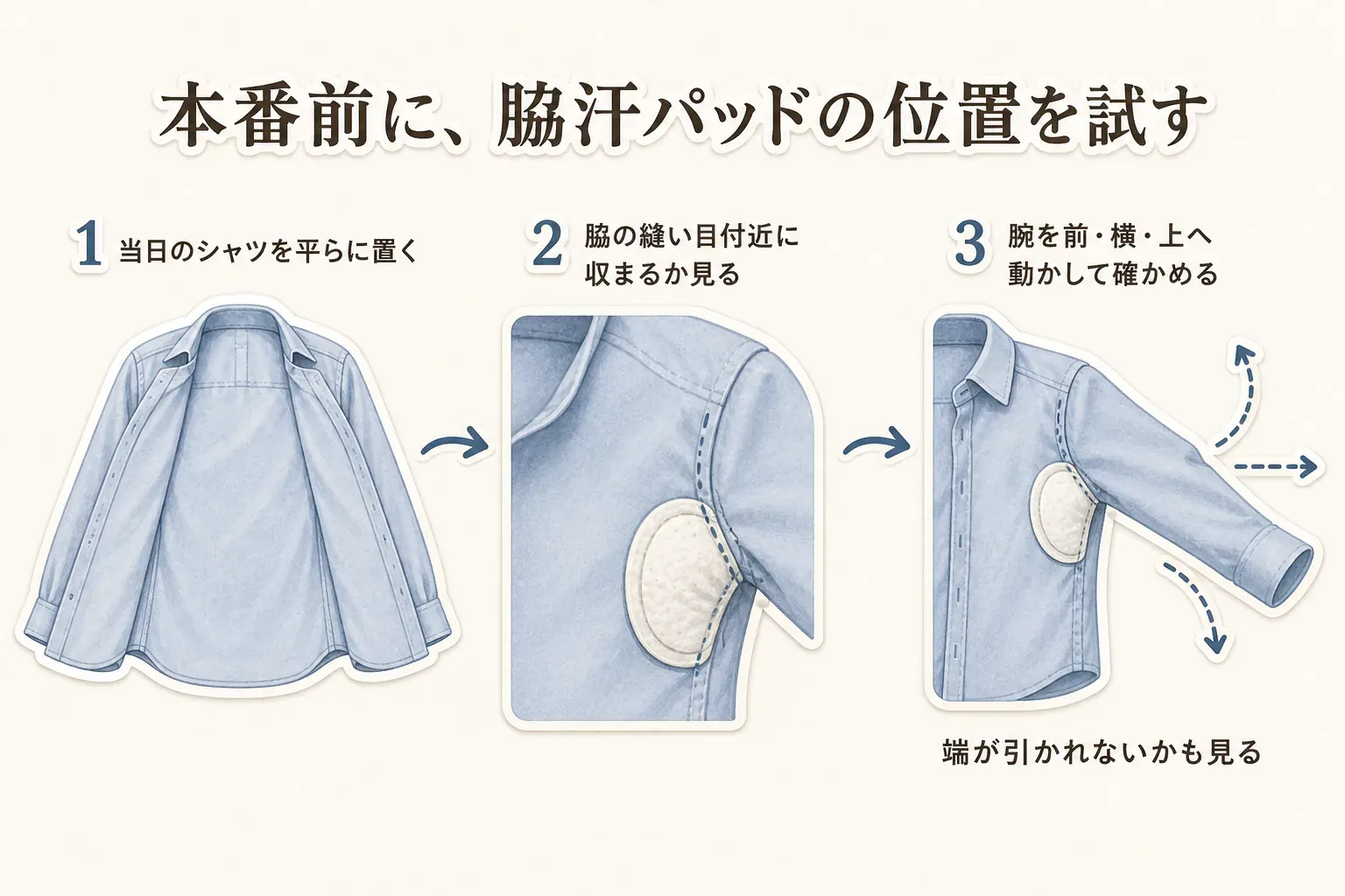 本番前に脇汗パッドの位置を試す3段階の図。当日のシャツを平らに置き、脇の縫い目付近に収まるかを見てから、着用して腕を前・横・上へ動かし、パッドの端が引かれないかを確認する様子を示している。
