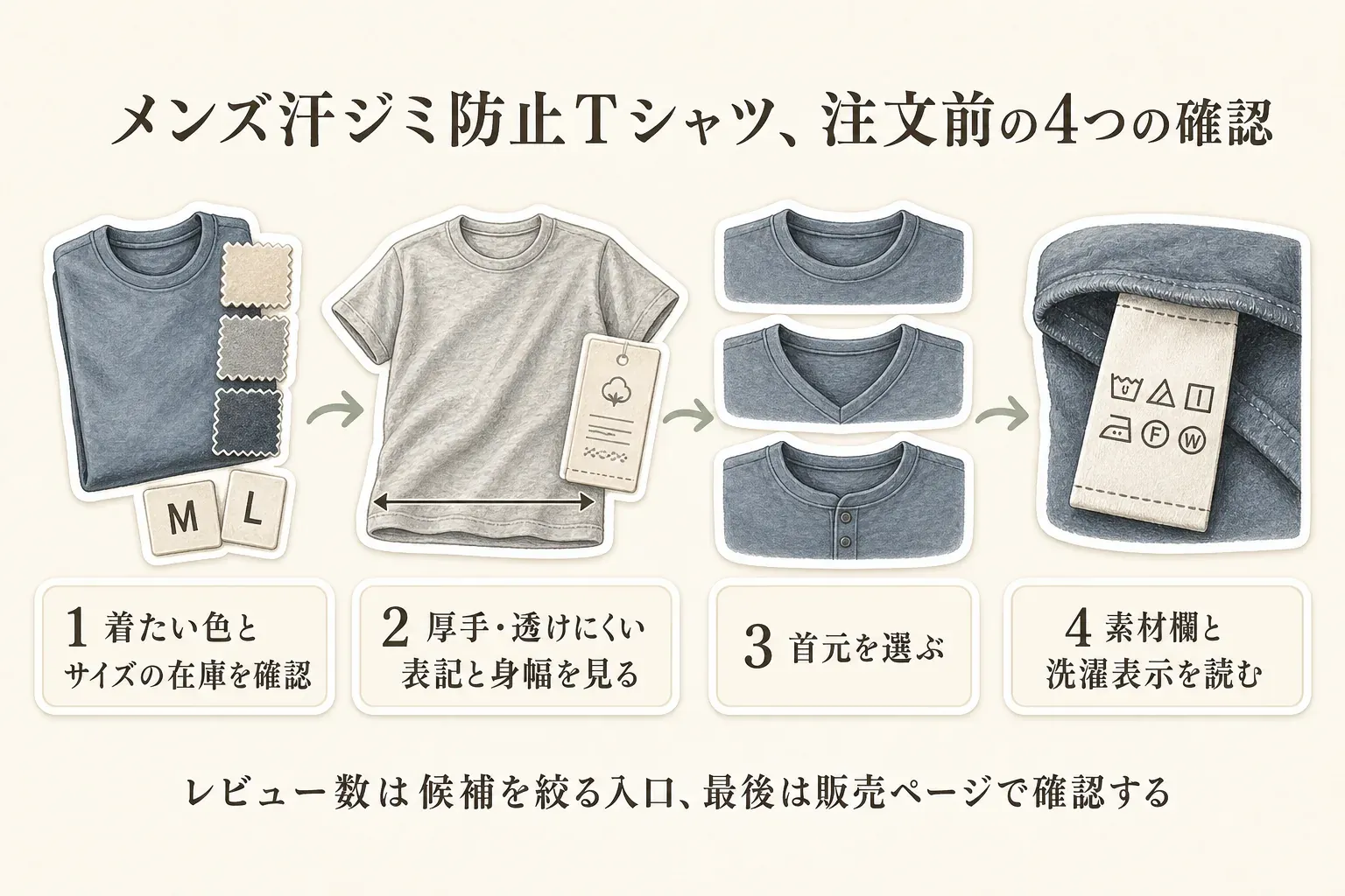 メンズ汗ジミ防止Tシャツを注文前に確認する4つの順番の図。着たい色とサイズの在庫を確認し、厚手・透けにくい表記と身幅を見て、クルーネック・Vネック・ヘンリーネックから首元を選び、最後に素材欄と洗濯表示を読む。レビュー数は候補を絞る入口で、最後は販売ページで確認することを示している。