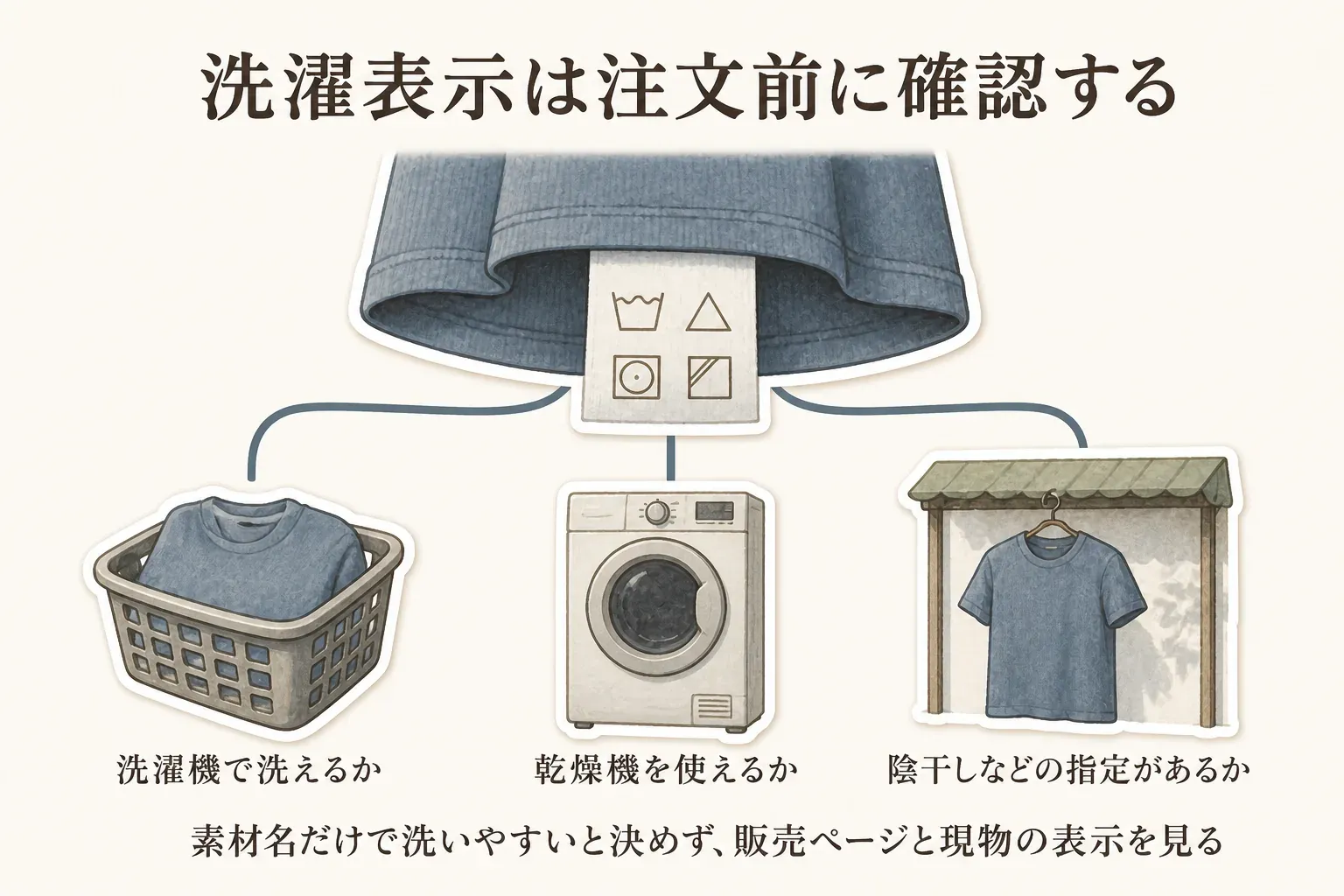 Tシャツの洗濯表示から、洗濯かご、乾燥機、陰干ししたTシャツへつながる図。注文前に洗濯機で洗えるか、乾燥機を使えるか、陰干しなどの指定があるかを確認し、素材名だけで洗いやすいと決めず販売ページと現物の表示を見ることを示している。