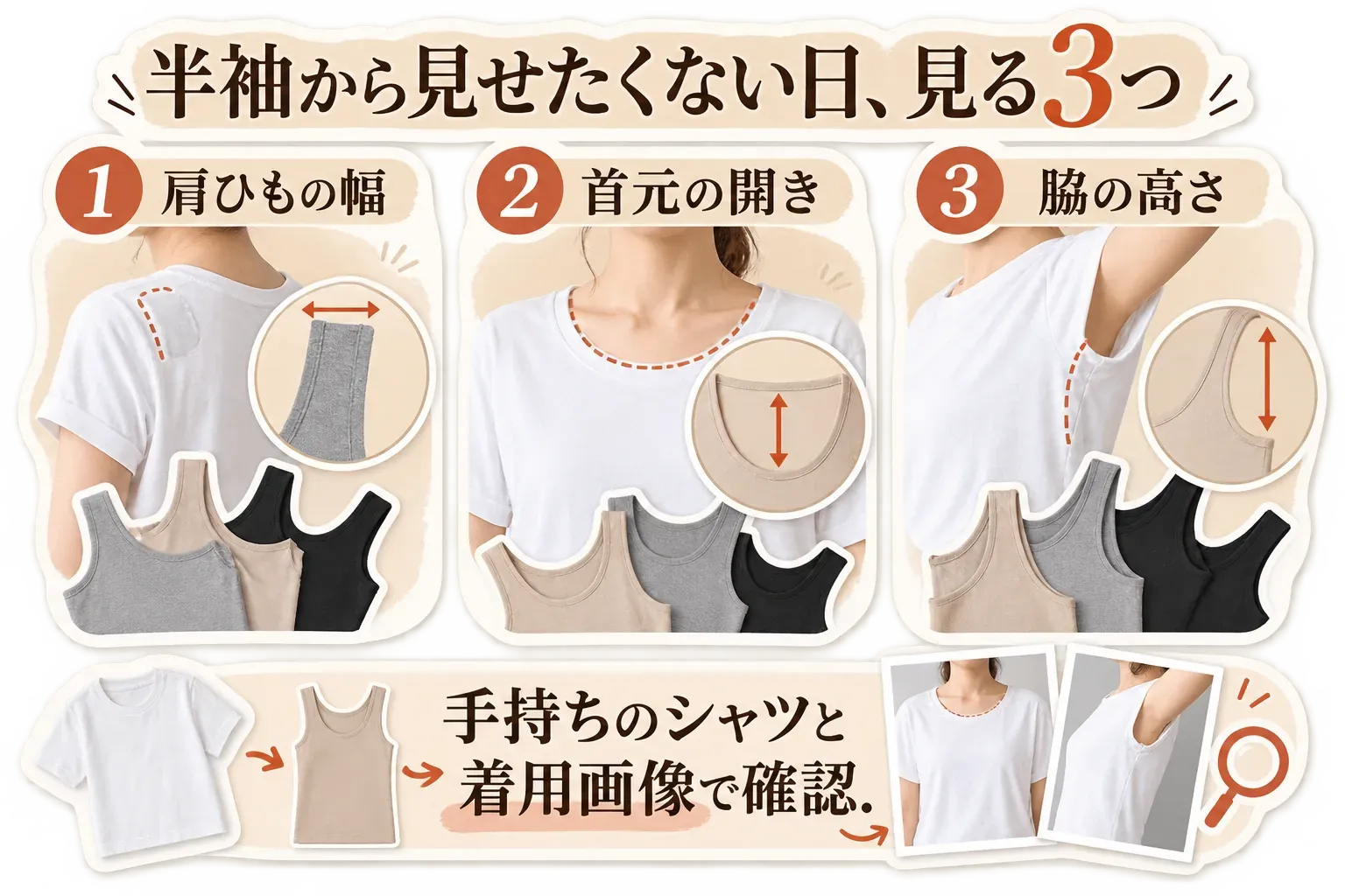 ノースリーブ汗取りインナーが半袖シャツから見える箇所を示す図。袖がないことに加えて、肩ひもの幅、首元の開き、脇の高さを確認し、半袖シャツの袖口・襟元・横からインナーやブラ紐が見えないか着用画像と手持ちの服で確認するよう案内している。