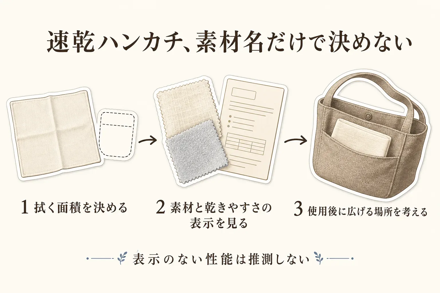速乾ハンカチを素材名だけで決めないための確認順を示す図。1は拭く面積を決める、2は素材と乾きやすさの表示を見る、3は使用後に広げる場所を考えるという流れで、表示のない性能は推測しないことを示している。