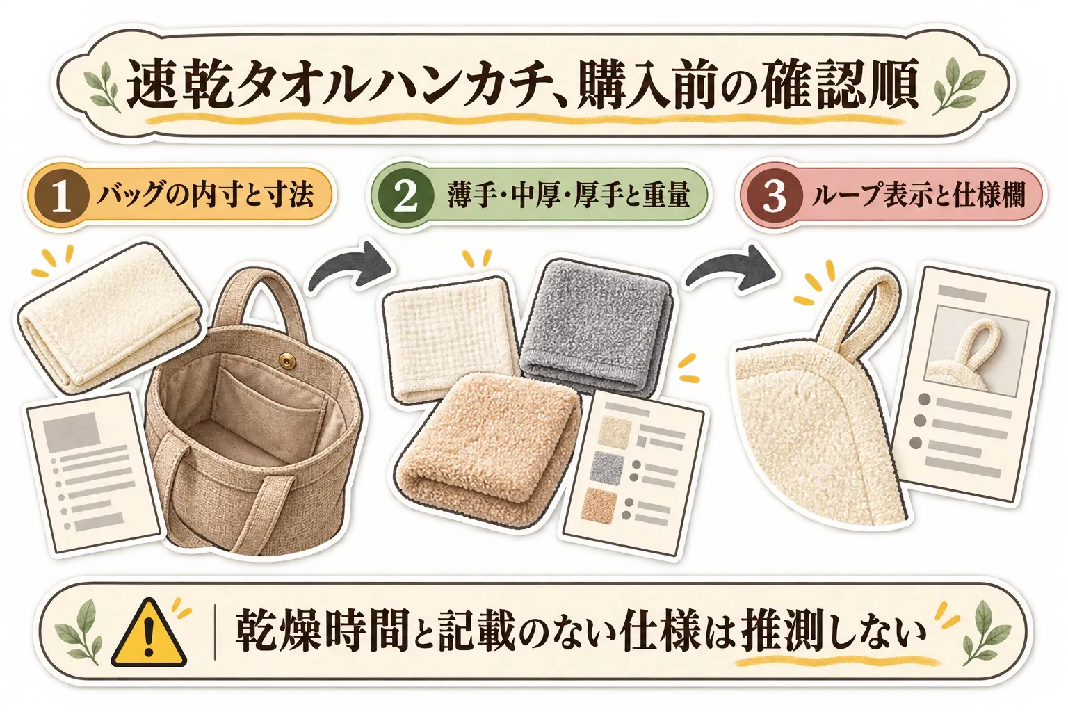 速乾タオルハンカチの購入前の確認順を示す図。1はバッグの内寸とタオルの寸法、2は薄手・中厚・厚手の表示と重量、3はループ表示と仕様欄を確認する流れで、乾燥時間と記載のない仕様は推測しないよう注意している。
