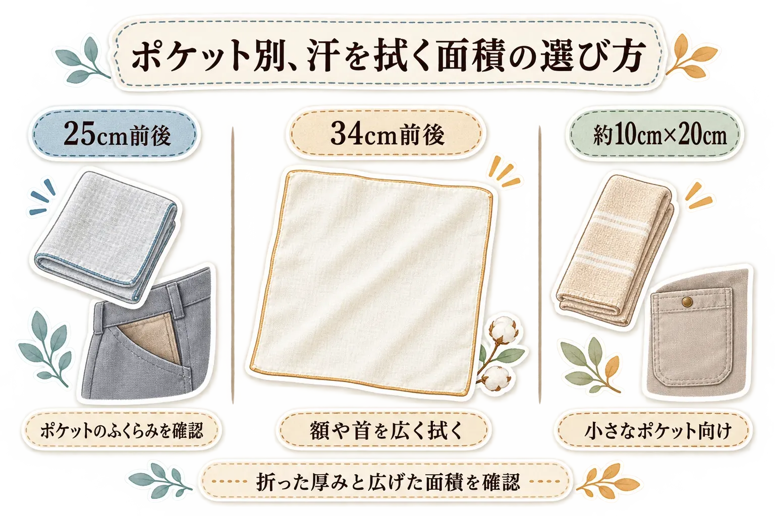 ポケット別に汗を拭く面積を選ぶ図。25cm前後のハンカチはポケットのふくらみを確認し、34cm前後のハンカチは額や首を広く拭き、約10cm×20cmのハーフハンカチは小さなポケット向けと示す。折った厚みと広げた面積を確認するよう案内している。