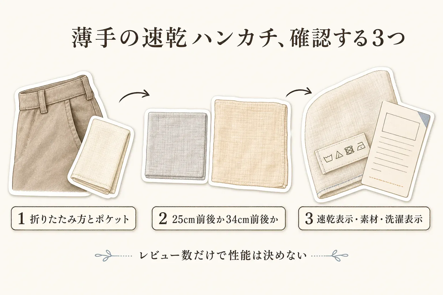薄手の速乾ハンカチを確認する3つの順番の図。1は折りたたみ方とポケット、2は25cm前後か34cm前後か、3は速乾表示・素材・洗濯表示を確認し、レビュー数だけで性能を決めないことを示している。