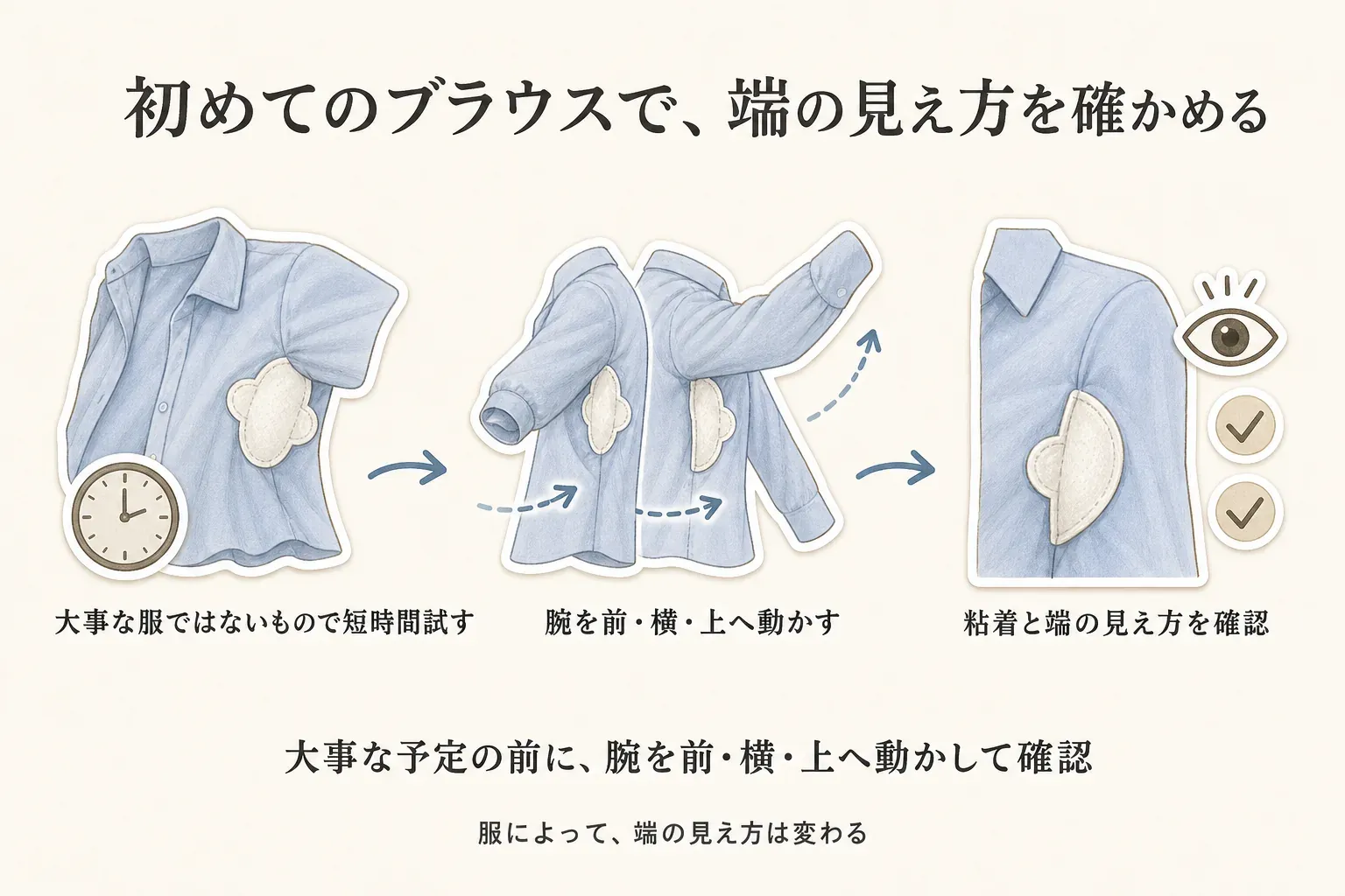 初めてのブラウスで脇汗パッドの端の見え方を確認する図。大事な服ではないブラウスで短時間試し、腕を前・横・上へ動かして、粘着の具合とパッドの端が見えないかを確かめる流れを示している。