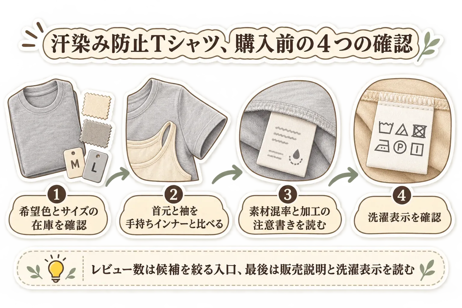 汗染み防止Tシャツの商品ページを確認する順番を示す図。希望する色・サイズの在庫、首元・袖口からインナーが見えないかをサイズ表で確認すること、素材混率と汗染み防止・はっ水加工の注意書き、洗濯表示と普段の手入れで続けられるかを順に見ることを表している。