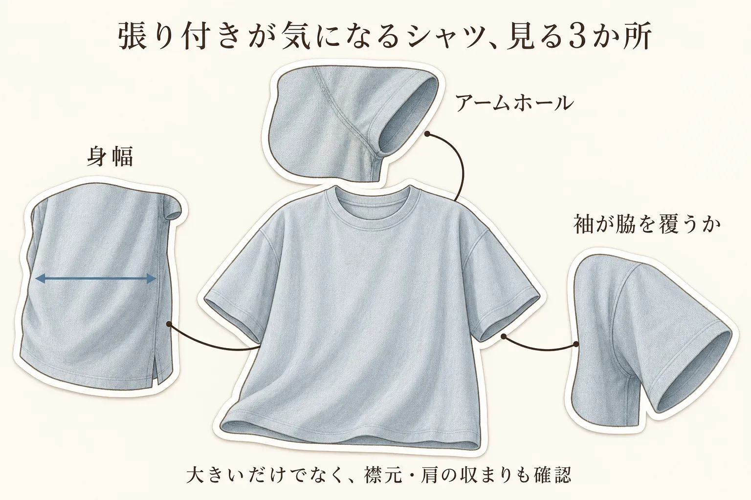 肌への張り付きが気になるシャツで見る3か所を示す図。Tシャツの身幅、アームホール、袖が脇を覆うかを拡大して示し、大きいサイズを選ぶだけでなく襟元・肩の収まりも確認するよう案内している。