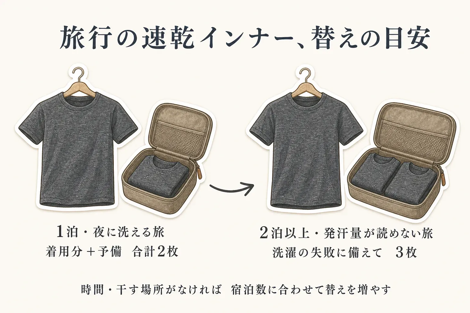 旅行用速乾インナーの替えの目安を示す図。1泊で夜に洗える旅は着用分と予備の合計2枚、2泊以上または発汗量が読めない旅は洗濯の失敗に備えて3枚とし、洗濯する時間や干す場所がなければ宿泊数に合わせて替えを増やすよう案内している。