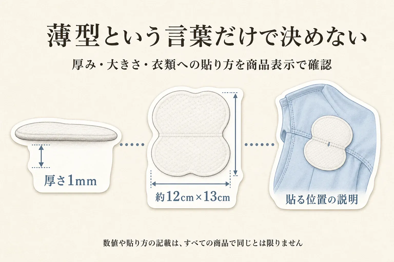 「薄型」という言葉だけで脇汗パッドを決めないための確認図。厚さ1mm、約12cm×13cmの寸法、衣類の脇に貼る位置の説明を確認し、数値や貼り方の記載はすべての商品で同じとは限らないことを示している。