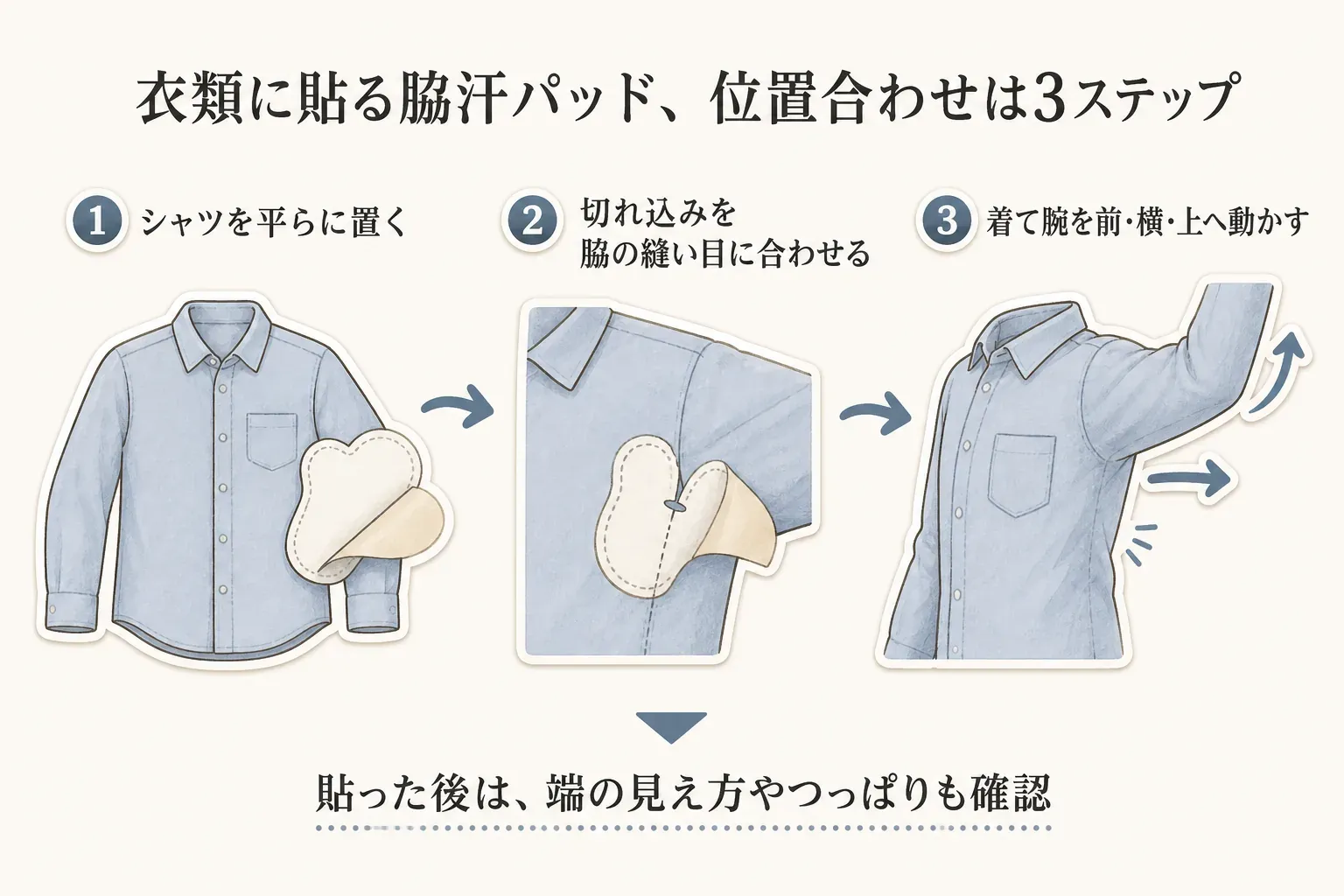 衣類に貼る脇汗パッドを貼る3ステップの図。シャツを平らに置き、切り込みを脇の縫い目に合わせ、着てから腕を前・横・上へ動かす流れと、貼った後に端の見え方やつっぱりを確認することを示している。